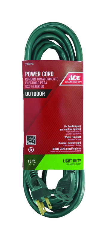 ACE  OUTDOOR  GREEN  EXTENSION CORD  16/3 SJTW  15 FT . L