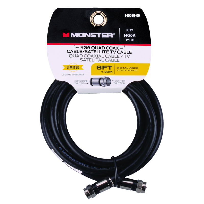 CABLE COAXIAL DE 4 CAPAS RG6 DE 6 PIES (1.82 MTS) EN COLOR NEGRO 140036-00