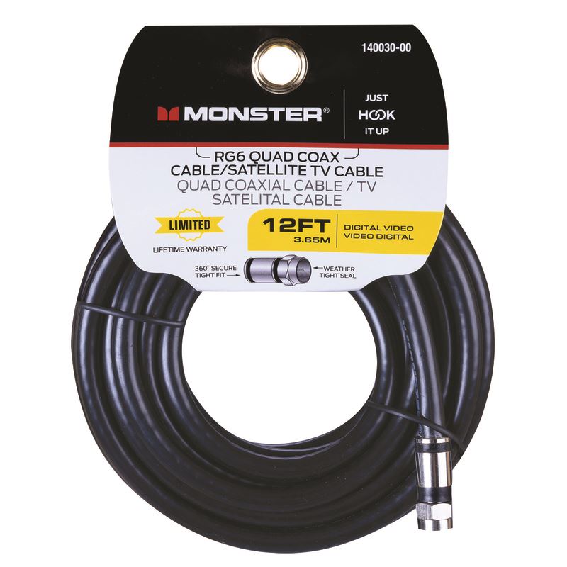 CABLE COAXIAL DE 4 CAPAS RG6 DE 12 PIES (3.65 MTS) EN COLOR NEGRO 140030-00