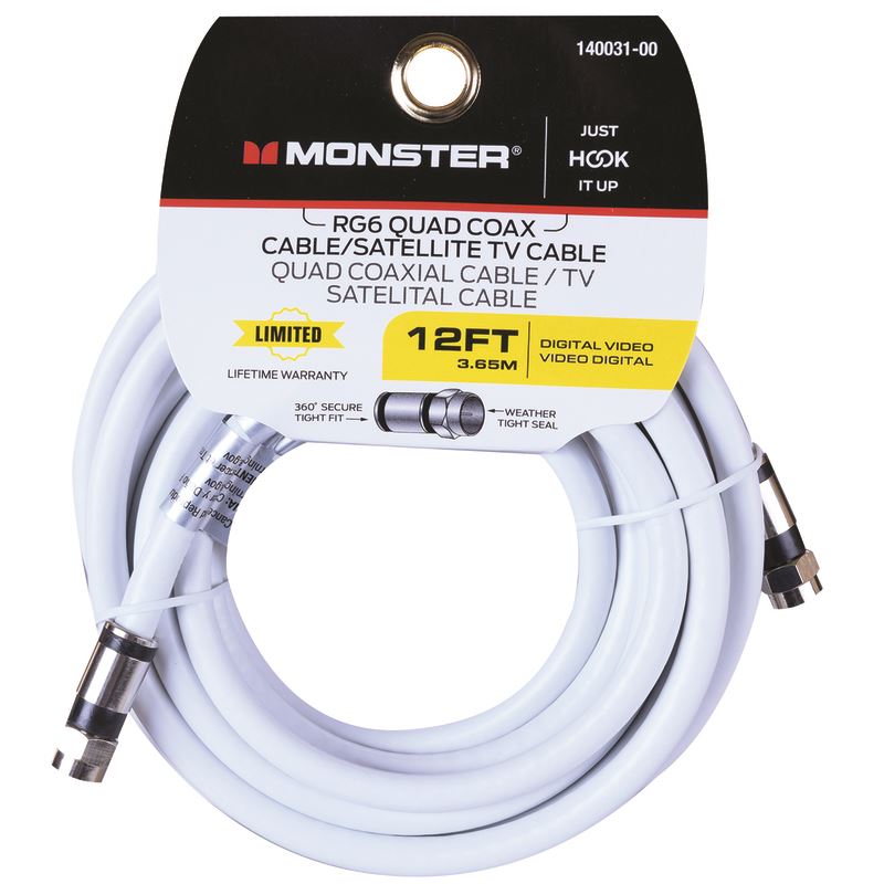 MONSTER CABLE COAXIAL RG6 DE 12 PIES ( 3.65 MTS) EN COLOR BLANCO 140031-00