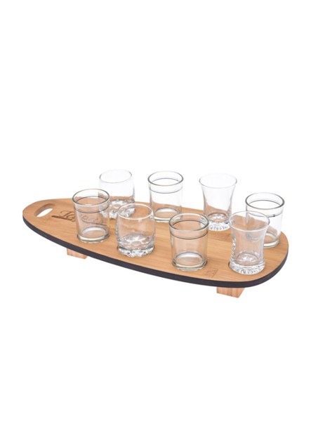 JUEGO DE BANDEJA DE BAMBOO Y VASOS DE CRISTAL 9 PZ 210000730